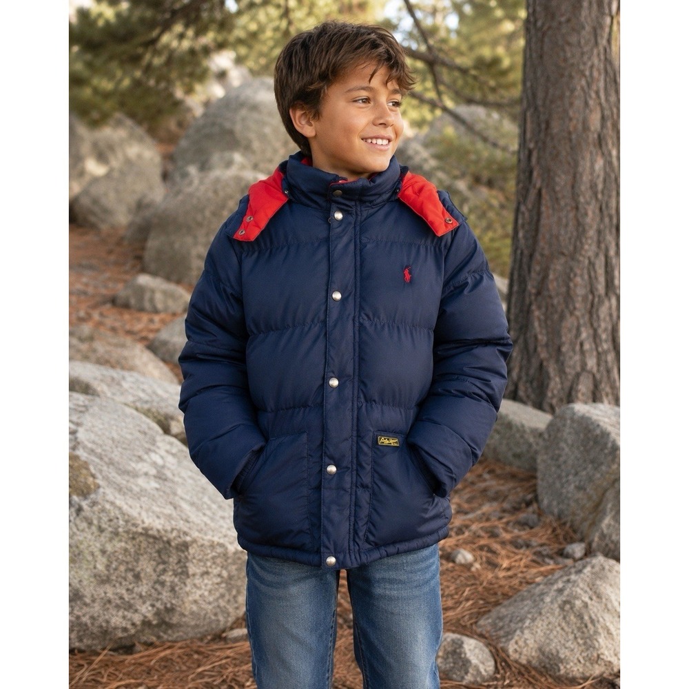 Polo Ralph Lauren Jacket Boy M  10-12 Blue Red Down Puffer Quilted Hiking Coat